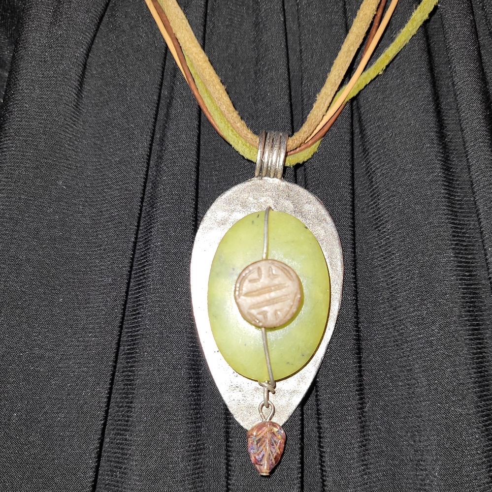 Vintage Chinese Jadeite Silver Spoon Pendant w/ Shou Symbol Longevity Good Luck